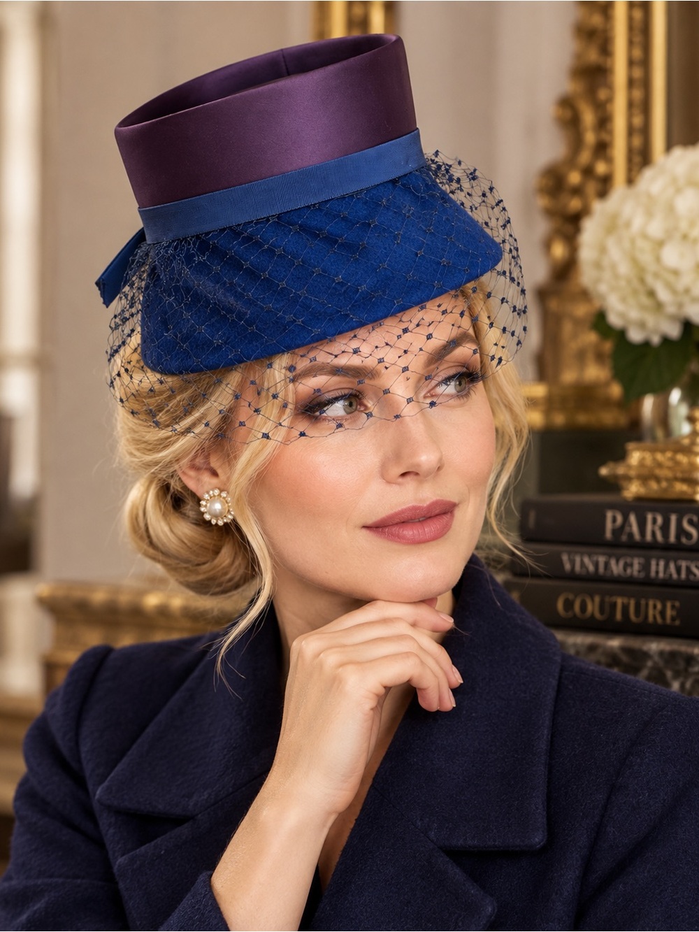 Vintage 1950s Blue and Purple 100% Wool Veiled Pillbox Hat